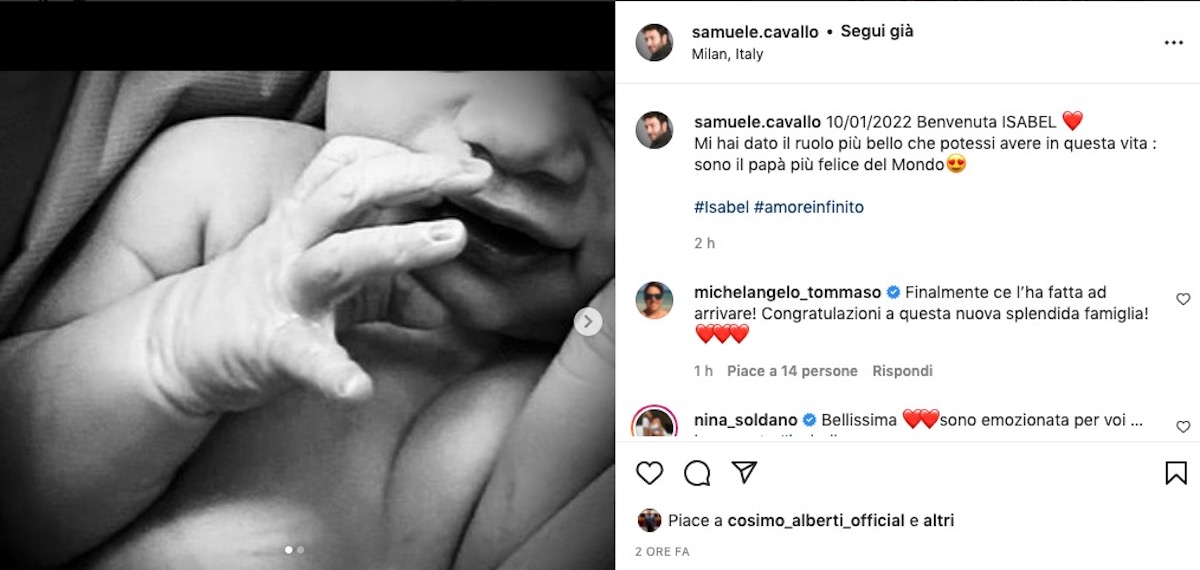 L'annuncio di Samuele Cavallo su Instagram